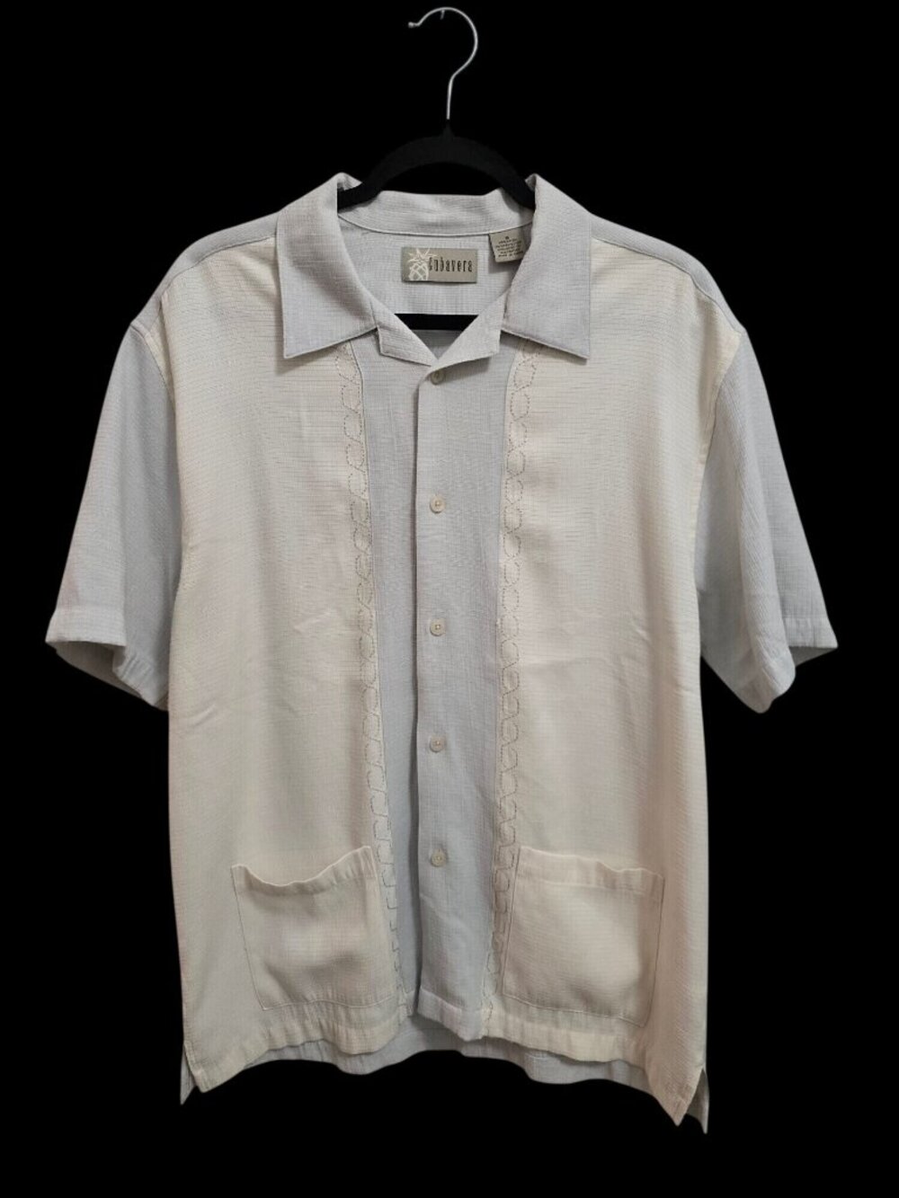 Cubavera Mens Cream & Gray Short Sleeve Guayabera Shirt Embroidered Panels M